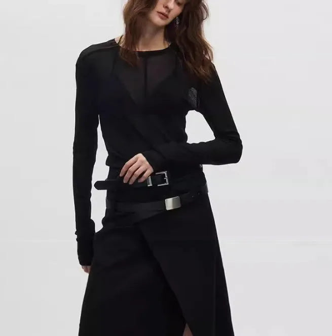 Black women's slim-fit pullover with mesh see-through texture and long sleeves.