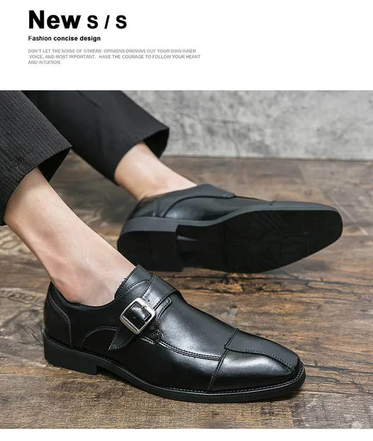 Men's British retro style buckle leather casual shoes in tall crown design with microfiber upper