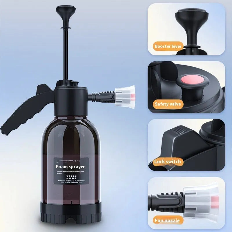 Black 2 litre hand-held foam sprayer watering can with ergonomic handle and dual nozzles