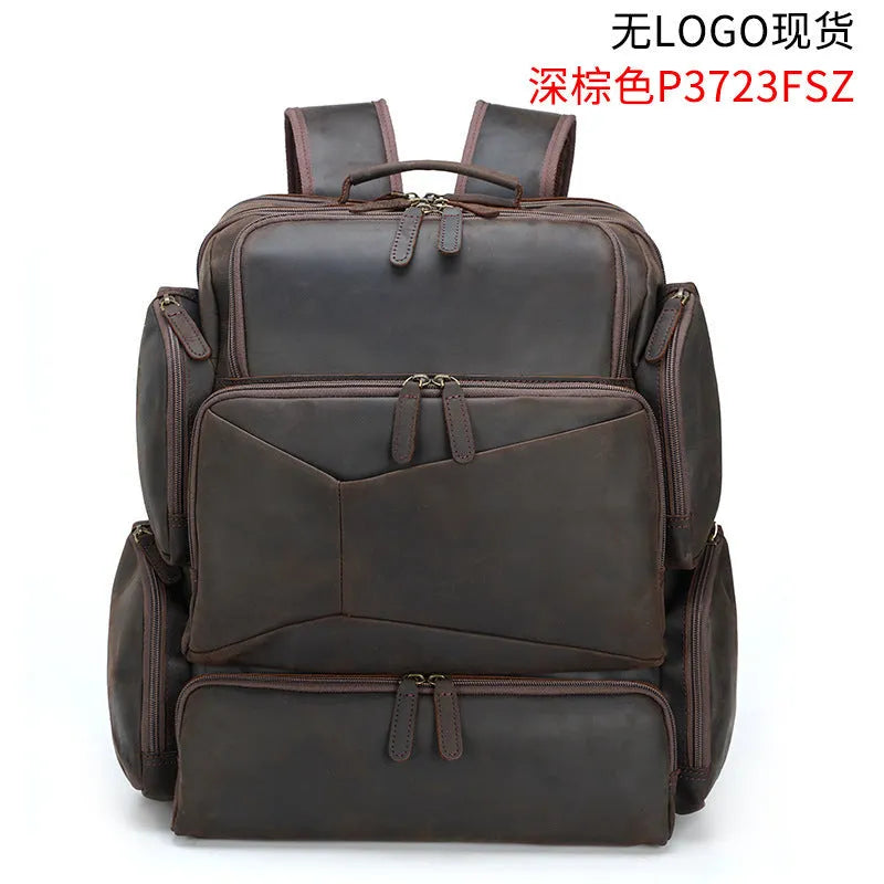 Dark brown men's genuine leather backpack for a 17-inch computer with retro crazy horse texture.