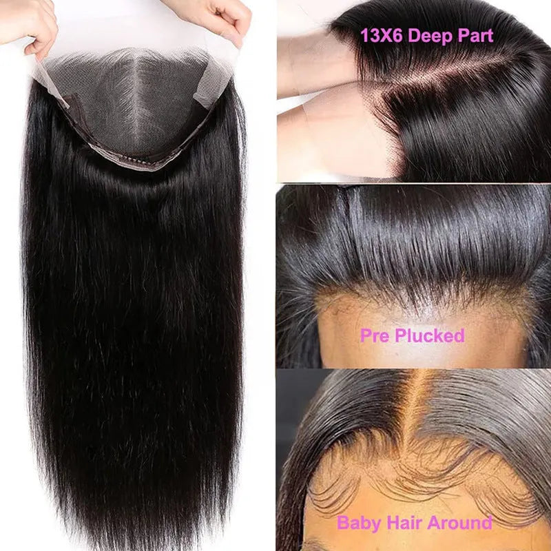 13x6 straight lace front human hair wig in black with natural styling