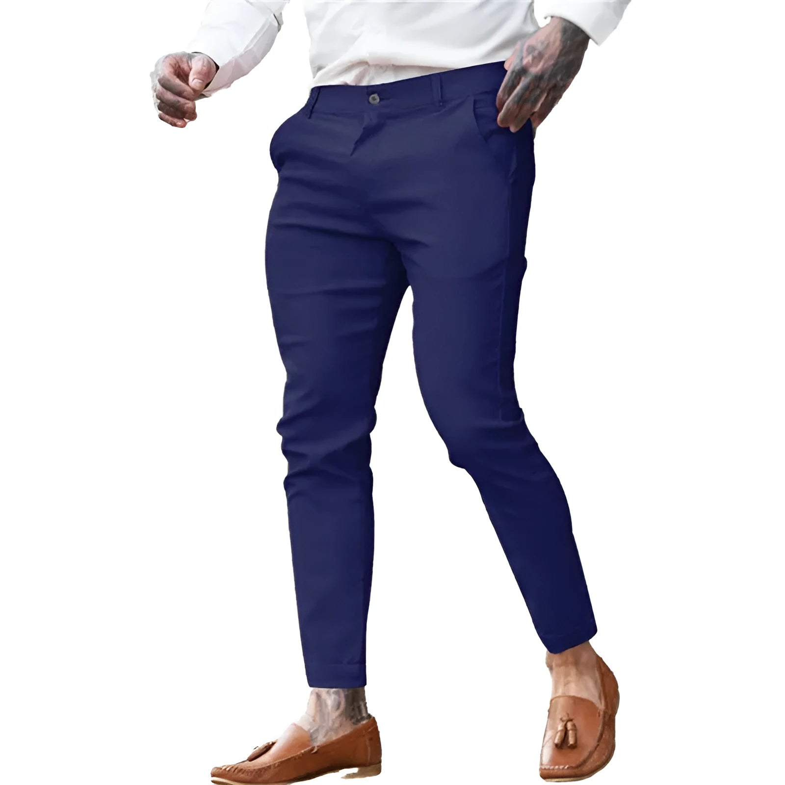 Men's slim fit stretch cotton twill pencil trousers in a choice of solid colours.