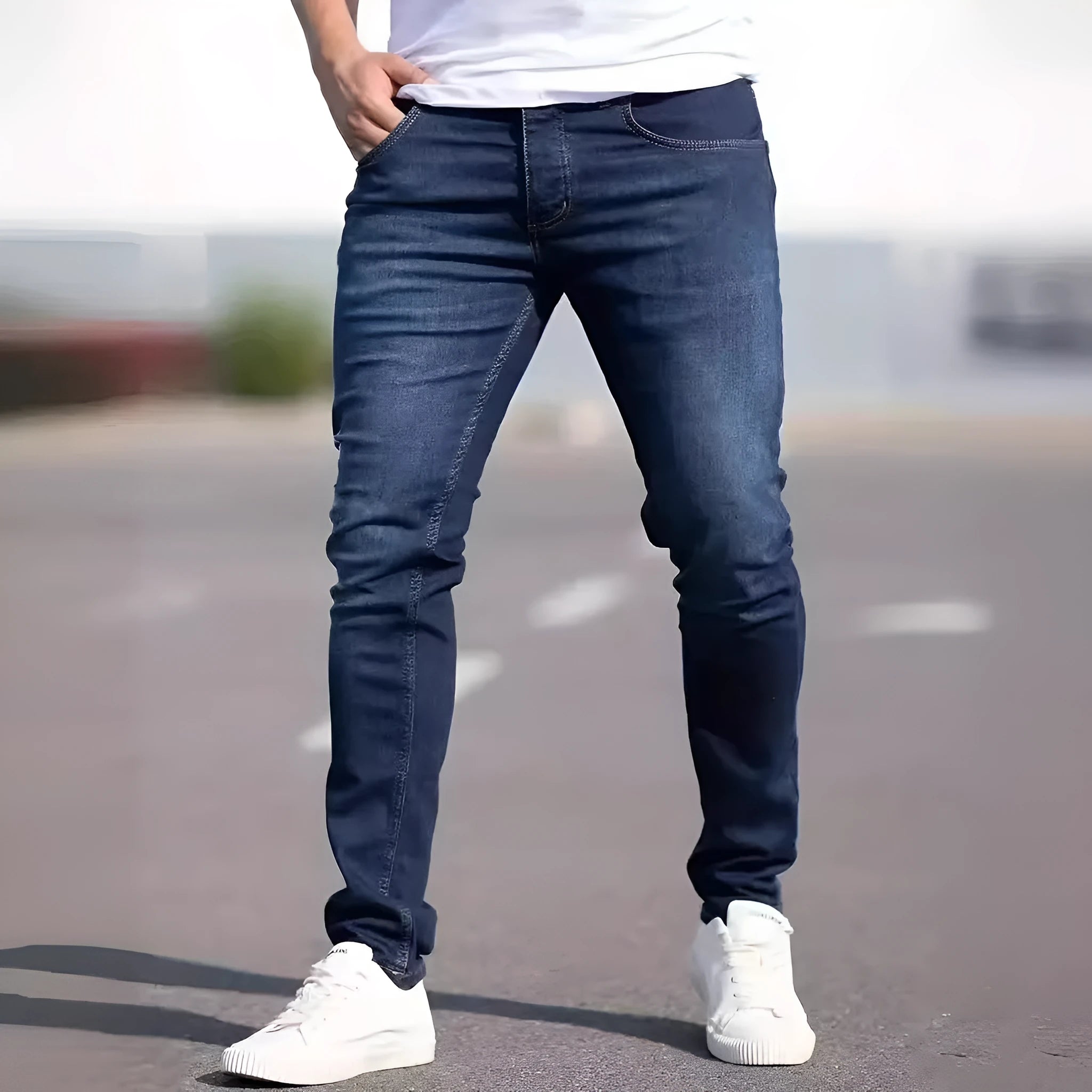 Men's dark blue slim fit casual jeans with a skinny leg and zip fly closure