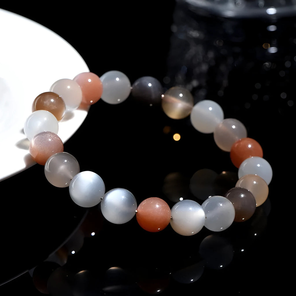 Genuine moonstone bracelet with 8mm single circle beads and colourful moonlight appearance
