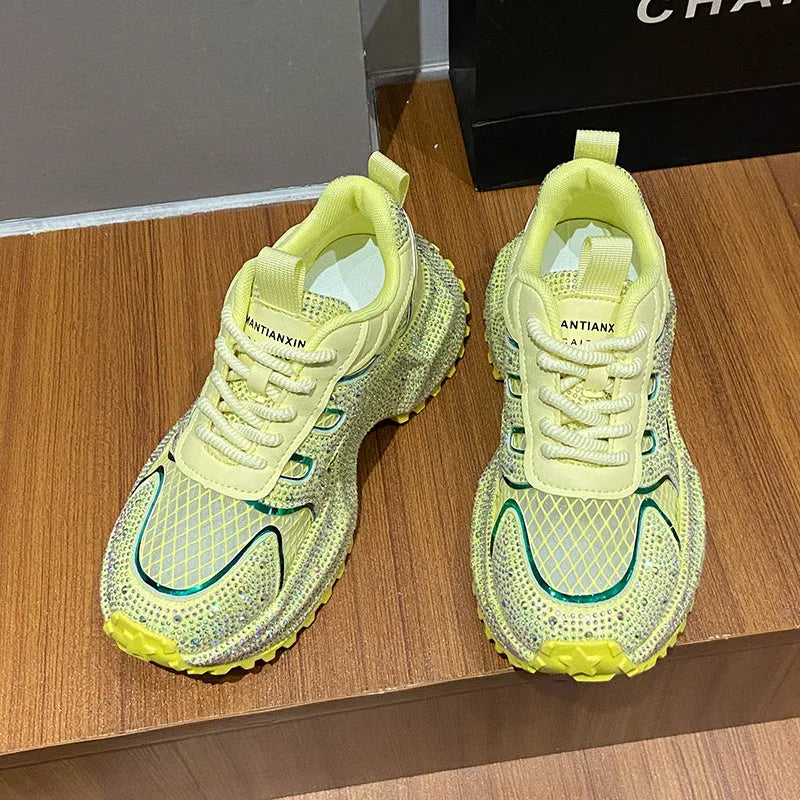 TIANXIU women's chunky platform sneakers light yellow glitter rhinestone green trim thick white sole lace-up