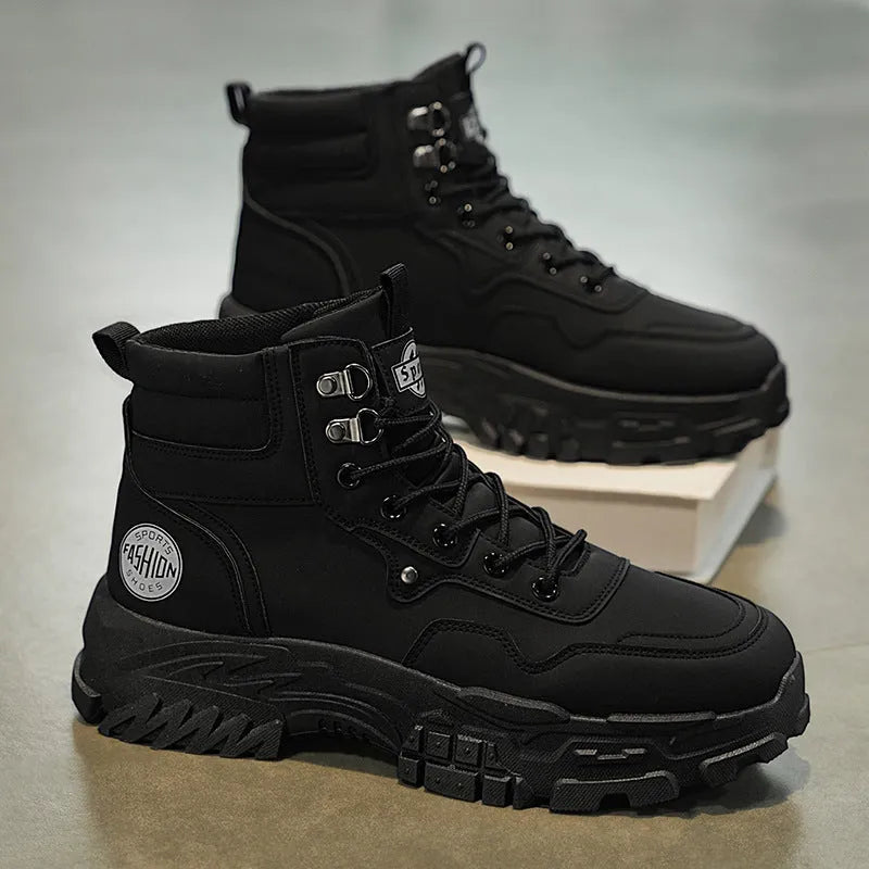 Men's black and yellow Martin boots with artificial PU upper and injection moulded soles