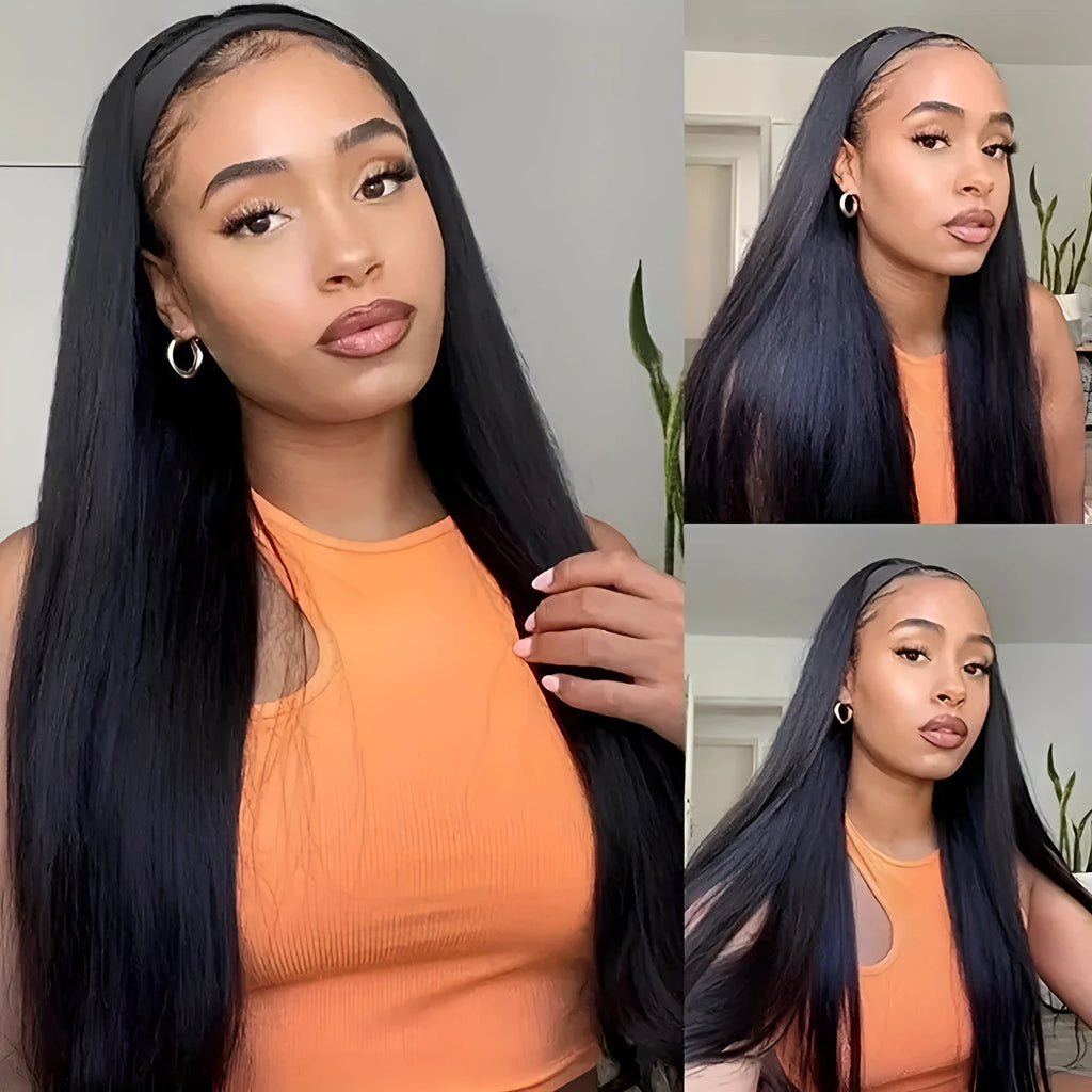 Headband wig with integrated elasticated headband in black straight, black curly, or wine red high temperature fibre hair