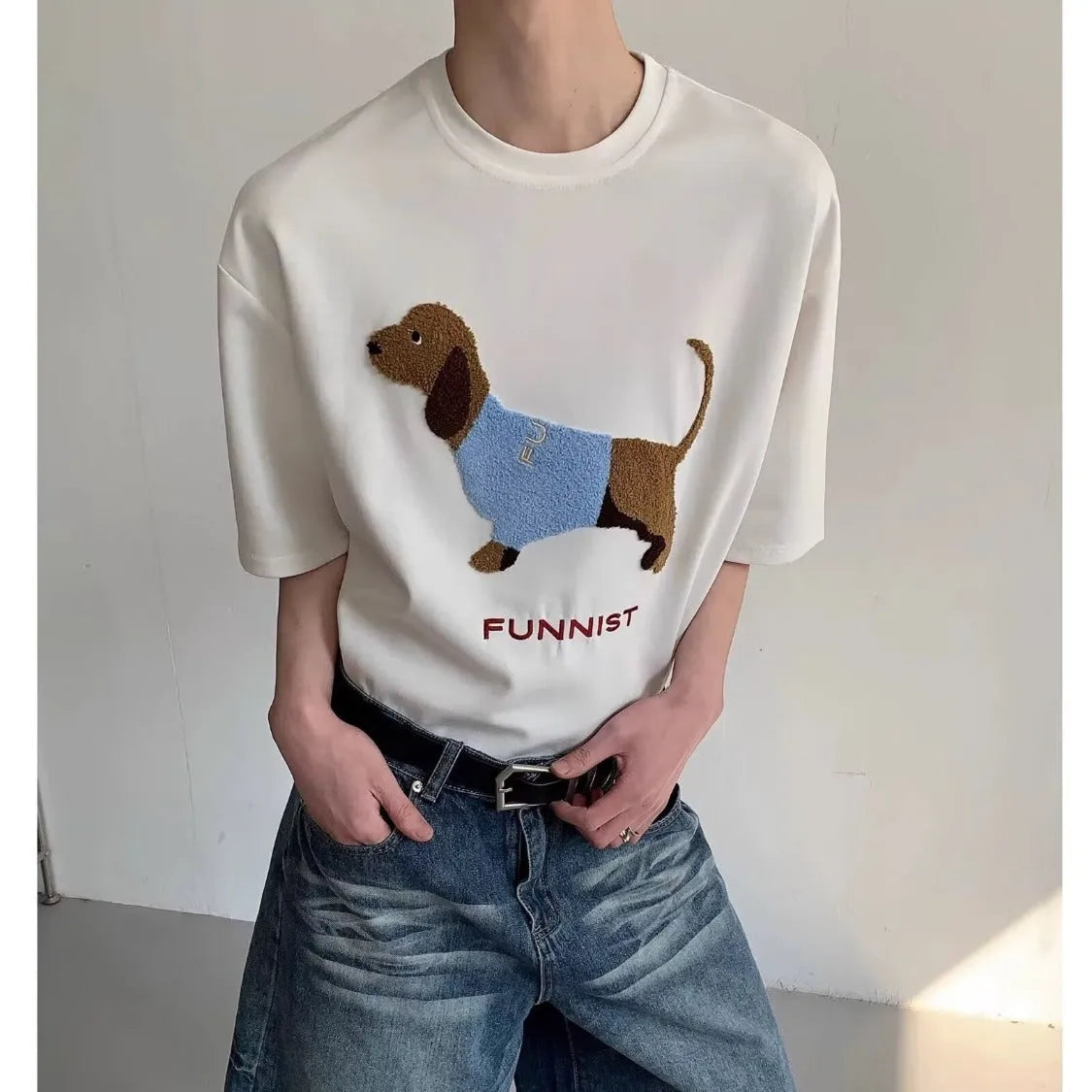 Men's grey cotton T-shirt with embroidered sausage dog design on front, round neck and short sleeves
