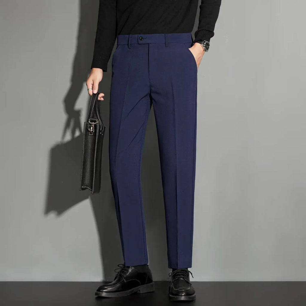 Men's straight ankle-length suit pants in a chemical fibre blend fabric, shown in multiple colours.