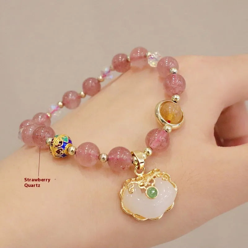 Geometric women's bracelet in gray Jade or Strawberry Quartz with three-dimensional ethnic metal decorations