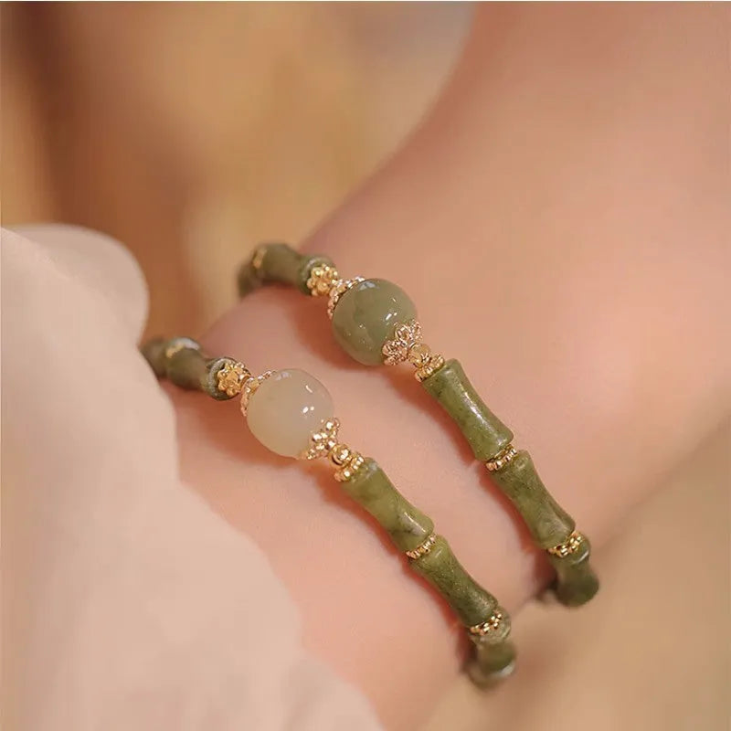 Traditional Hetian jade bamboo festival bracelet with geometric circular design in dark green or light colour options