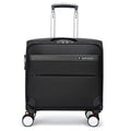 Black 18-inch Oxford cloth carry-on suitcase with wheels and pull handle for business travel.