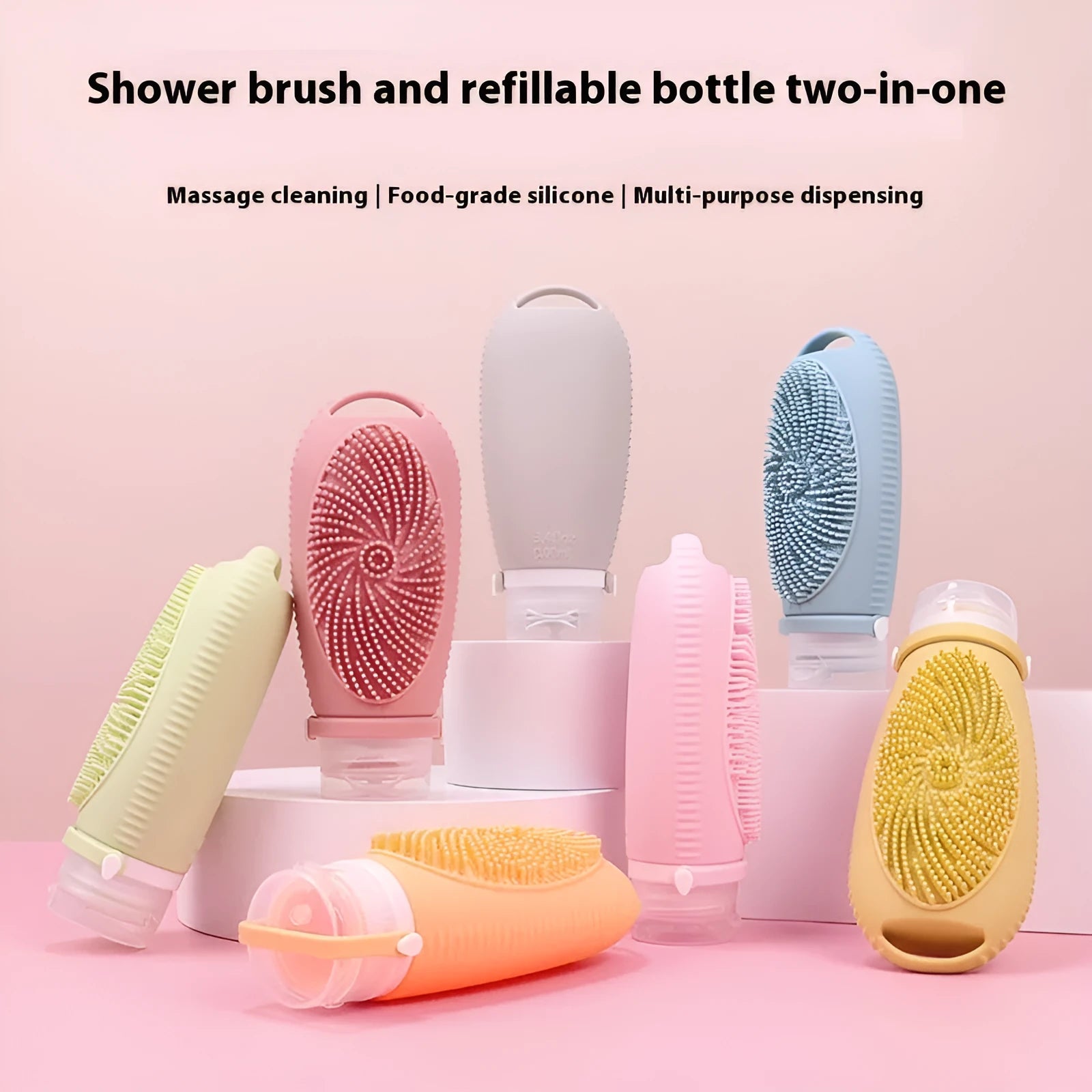 Silicone bath brush storage bottle in various colours showing 100ml capacity for bathroom organisation.