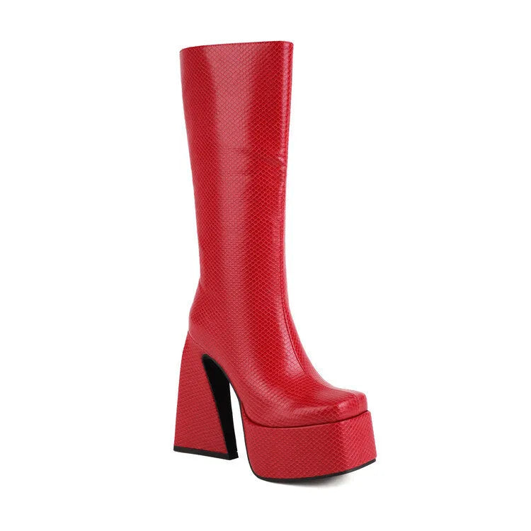 Women's casual high boots in black, red, blue and white colours with artificial PU upper