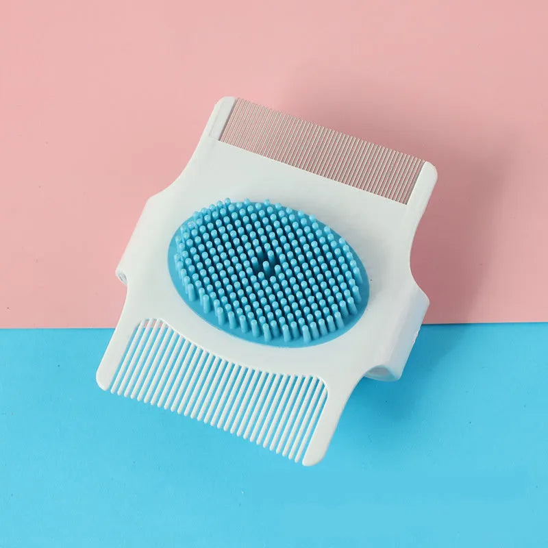 Blue multifunctional dog grooming comb with floating hair removal and massage features