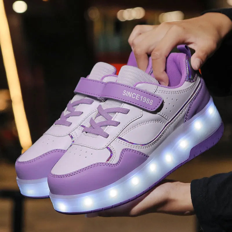Children's charging flash roller skates with illuminated LED wheels in pink, available in two and four-wheel designs.