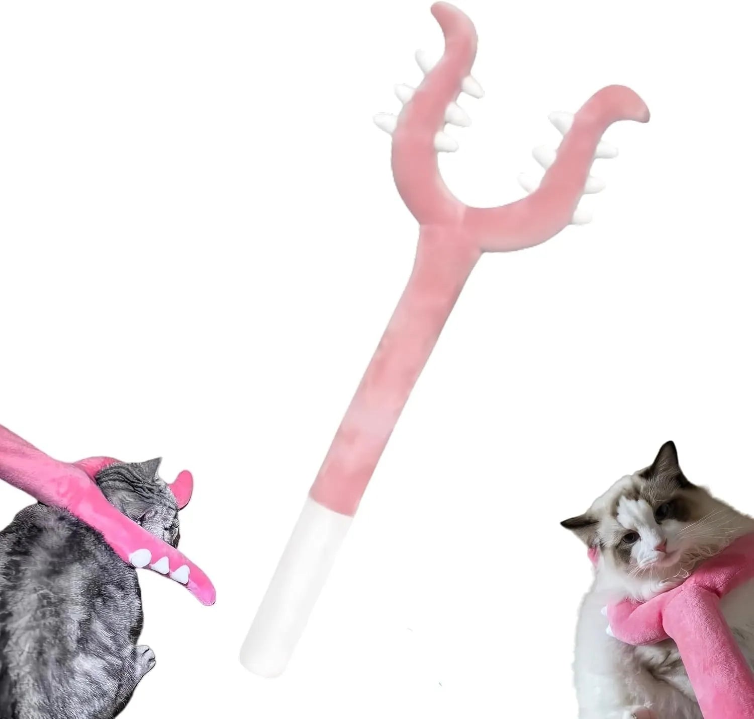 Blue and pink plush cat wand toy with foam head, 70 cm long for interactive play