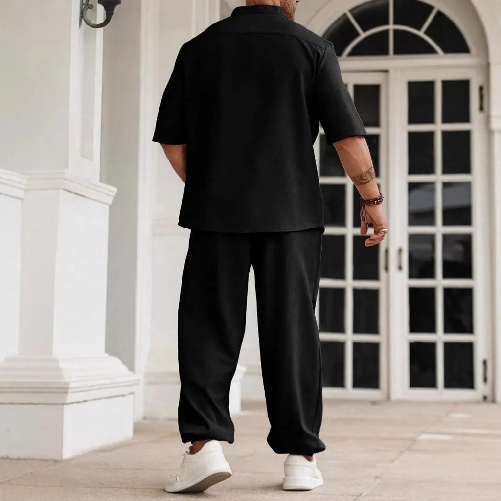 Men's cotton linen casual set with short-sleeve shirt and matching trousers in apricot colour