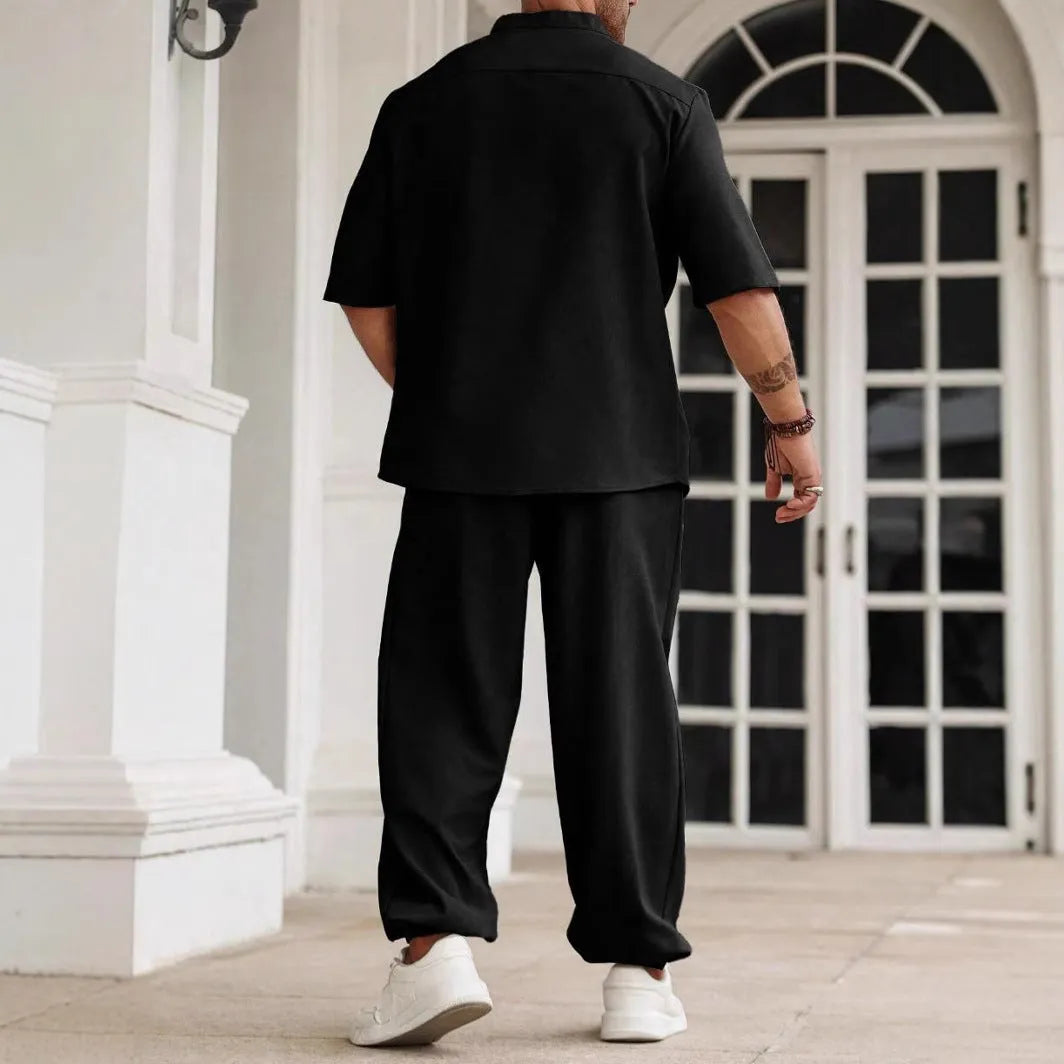Men's cotton linen casual set with short-sleeve shirt and matching trousers in apricot colour