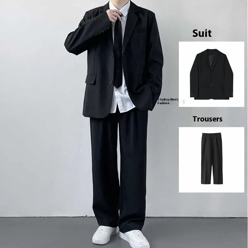 Plus size men's college style suit set with jacket, trousers, white shirt, and tie in loose fit