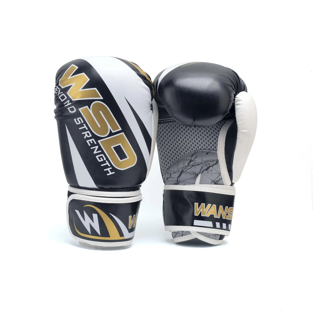 PU leather boxing gloves in white for training and fitness, available in 6-14oz sizes
