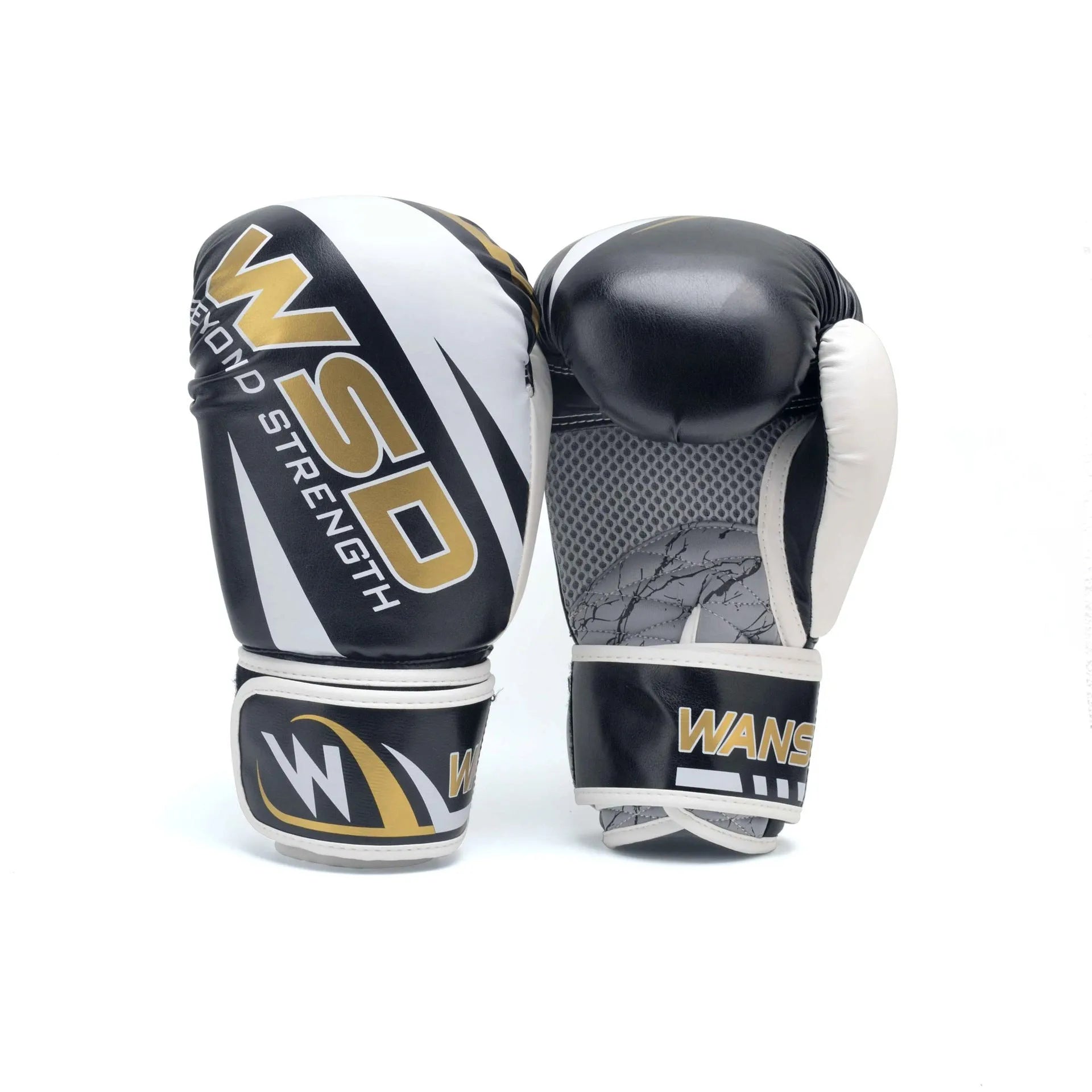 PU leather boxing gloves in white for training and fitness, available in 6-14oz sizes