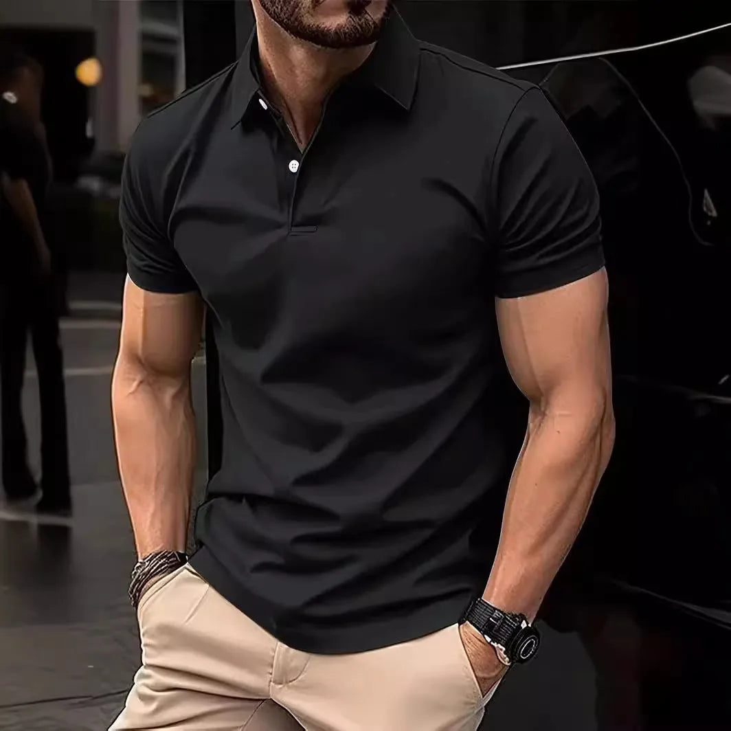 Men's slim-fit cotton-blend short-sleeve button-up shirt in solid colours on a size chart background.