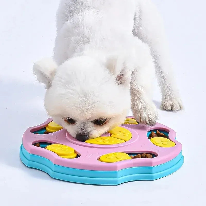 Blue dog puzzle feeder bowl with movable compartments for food-searching games and mental stimulation