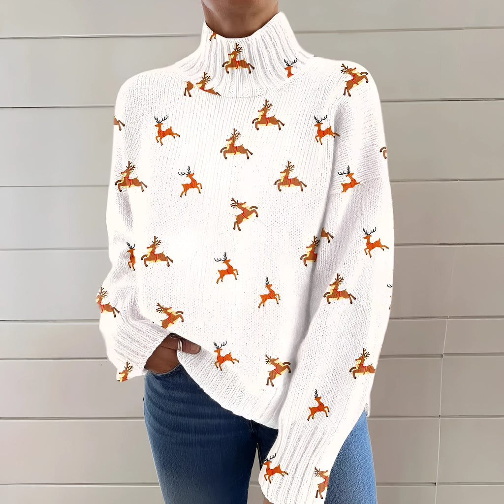 Women's Christmas printed turtleneck sweater with painting pattern in macaron colour