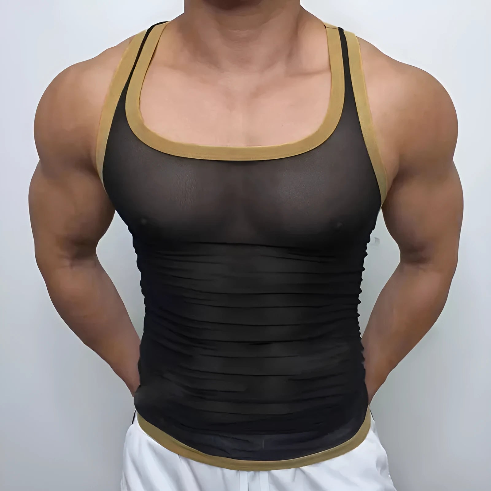 Men's black polyester mesh fitness vest with straight hem, shown on a model.