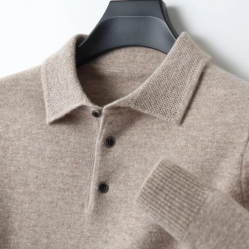 Men's grey wool polo collar sweater on a hanger, showing long sleeves and smart collar detail