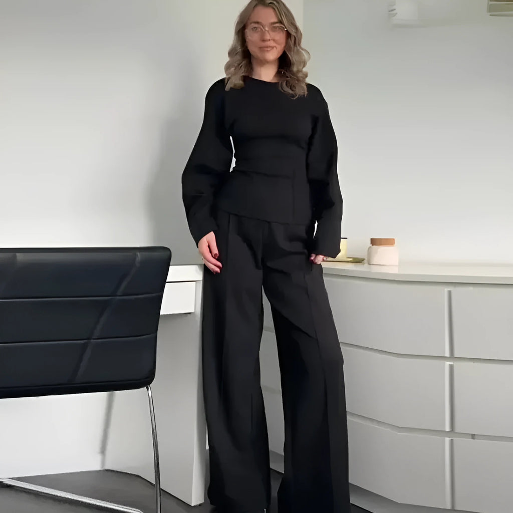 Women's black polar fleece suit with long sleeve O-neck top and wide leg trousers