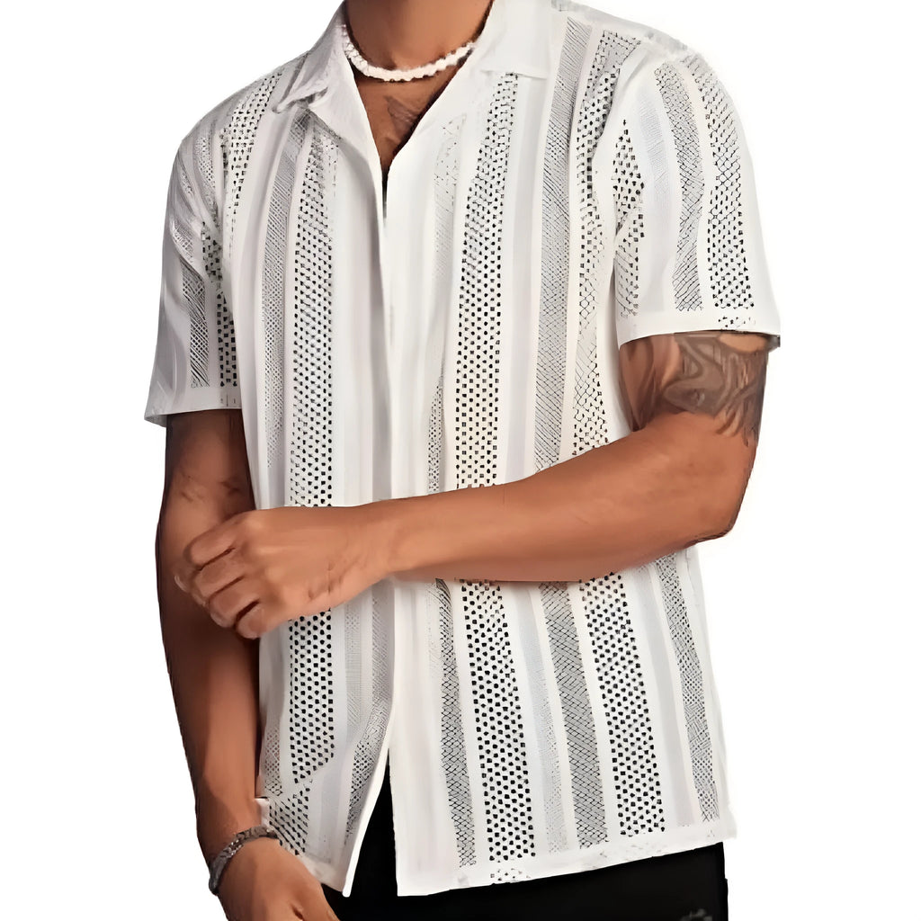 Men's white knitted short-sleeved shirt with button front and jacquard craft street fashion styling