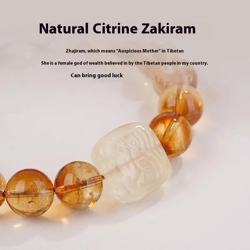 Women's carved citrine bracelet with 10mm geometric crystal beads in ethnic style design