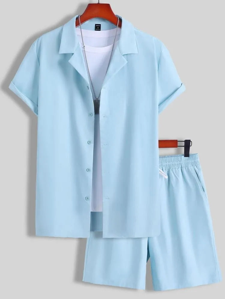 Men's white short sleeve Cuban collar sport shirt and matching shorts laid flat.