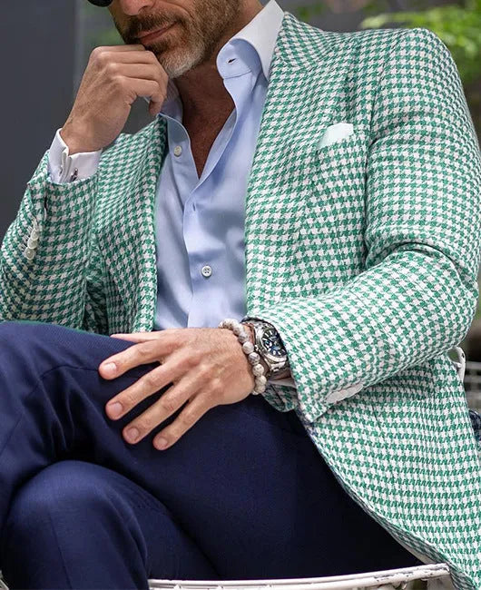 Men's slim fit two-button suit jacket with top-stitching pockets in a solid colour.