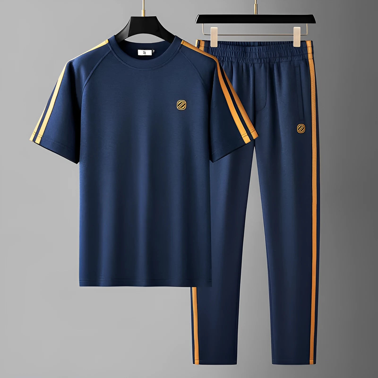 Men's blue ice silk style short sleeve suit set with matching trousers on hanger