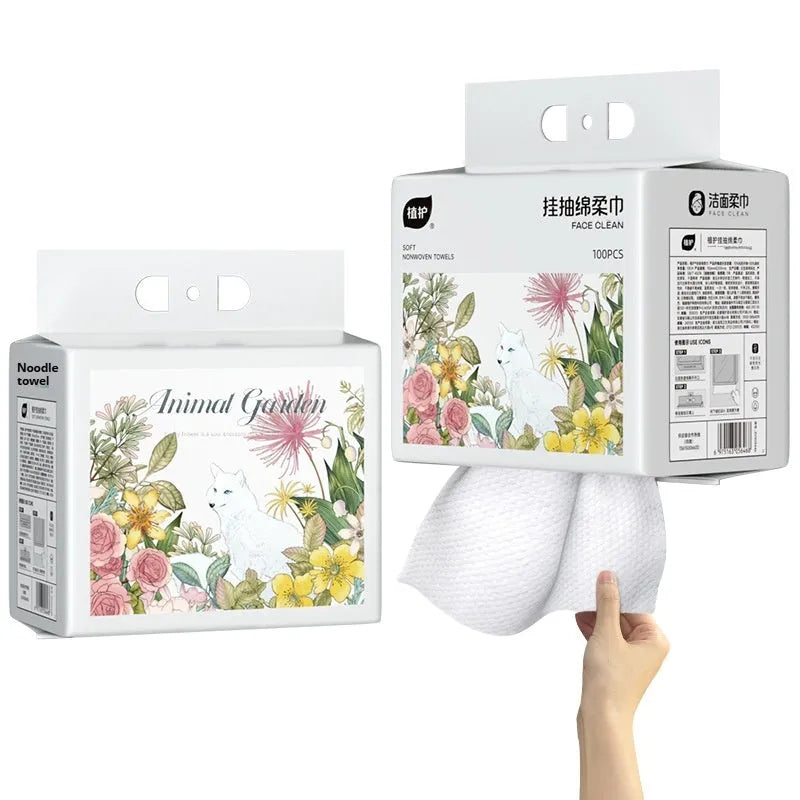 Hanging disposable face towel roll with 100 soft cloths made from viscose and polyester blend