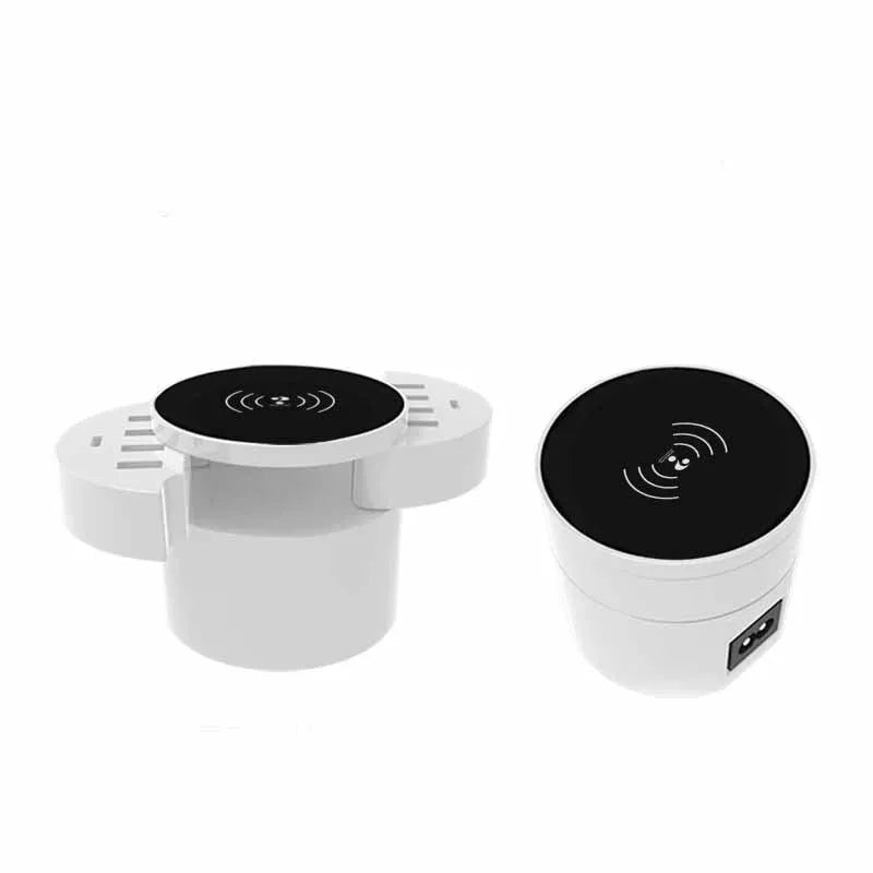 Ceramic white circular wireless charger with multiple ports and international plug adapters
