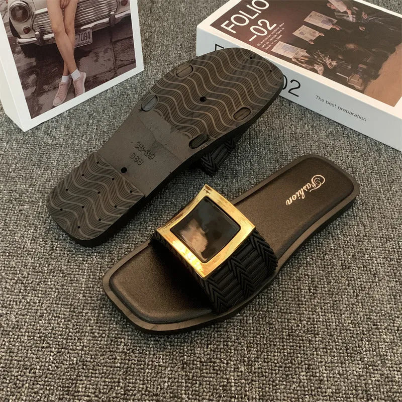 Women's summer casual flat slippers with PVC sole in apricot, black, or khaki colour options