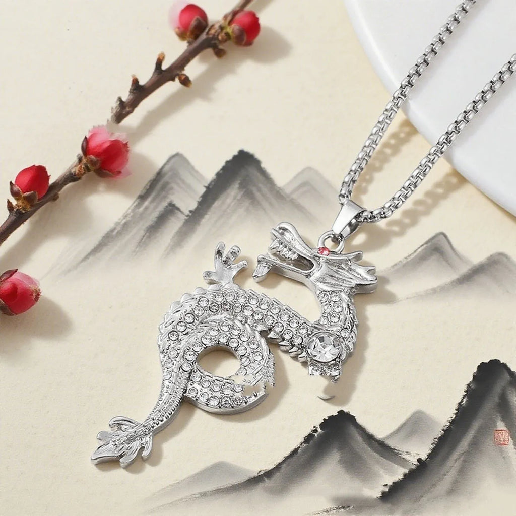 Silver alloy dragon-shaped pendant necklace with red eye detail and regular chain