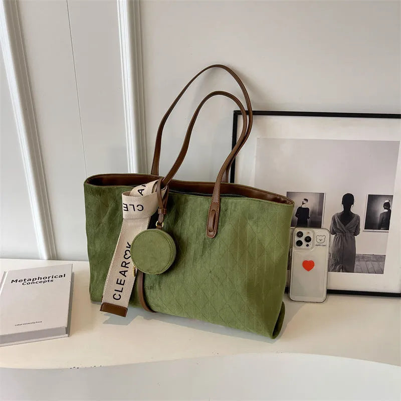Women's large casual shoulder tote bag in horizontal square design with soft polyester construction