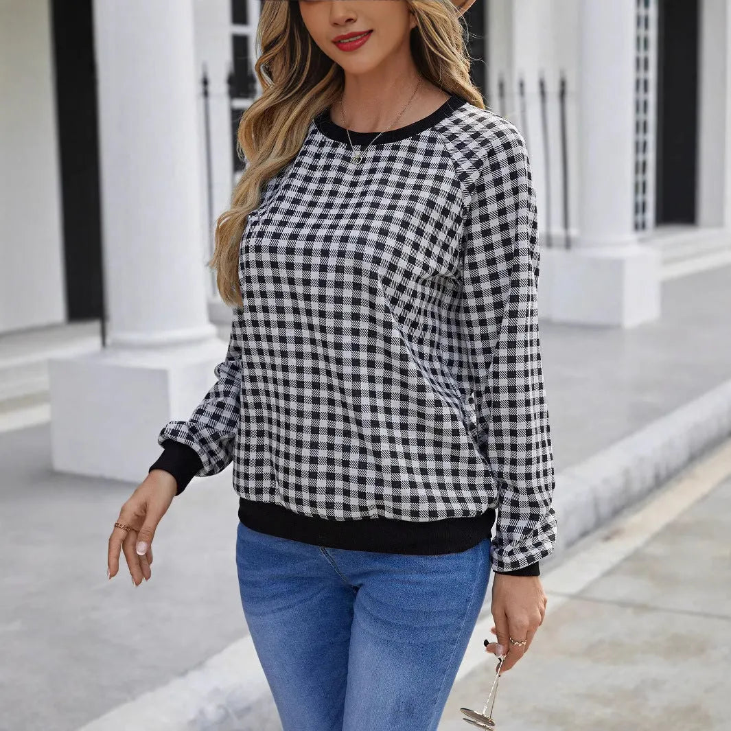 Black polyester Japanese plaid pullover sweater with stripes print and long regular sleeves