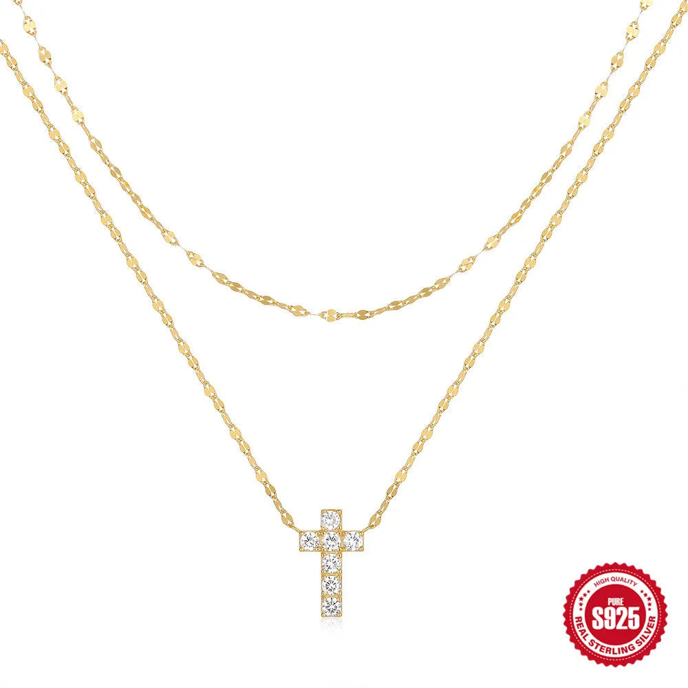 925 sterling silver double layer twin diamond cross necklace on clavicle chain