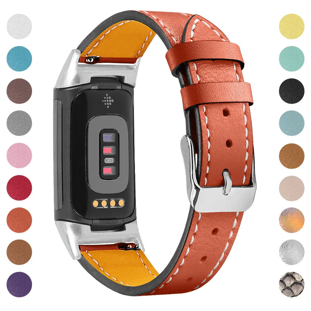 Genuine brown leather watch strap for Fitbit Charge 5 and Charge 6 smartwatches.