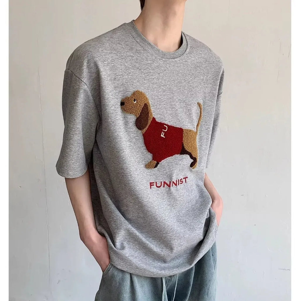 Men's grey cotton T-shirt with embroidered sausage dog design on front, round neck and short sleeves