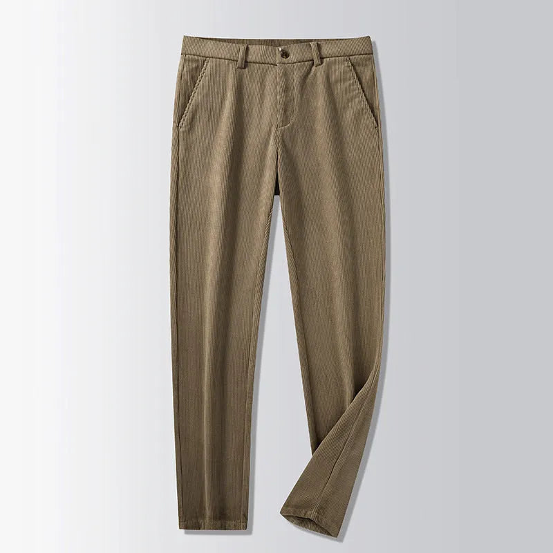 Men's straight-leg striped trousers in khaki colour shown laid flat, featuring a zip fly and no belt loops.