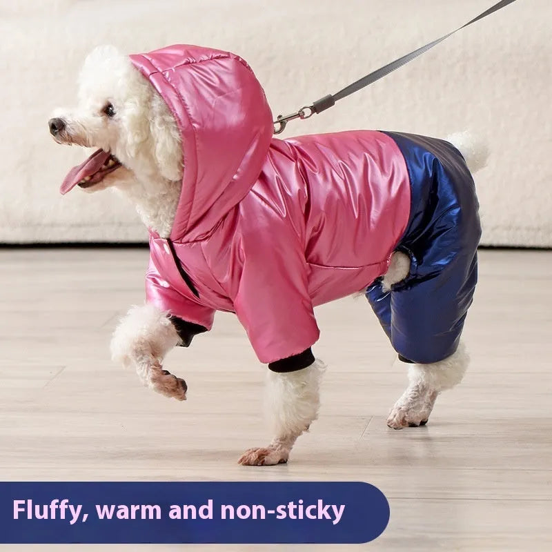 Green waterproof dog coat with four legs and cotton padding shown on a canine model
