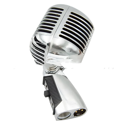 Classical retro dynamic microphone in gold finish with all-metal construction and heart-shaped polar pattern for stage performance