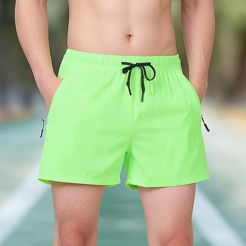 Men's black ice silk polyester fitness training shorts with high waist and drawstring closure